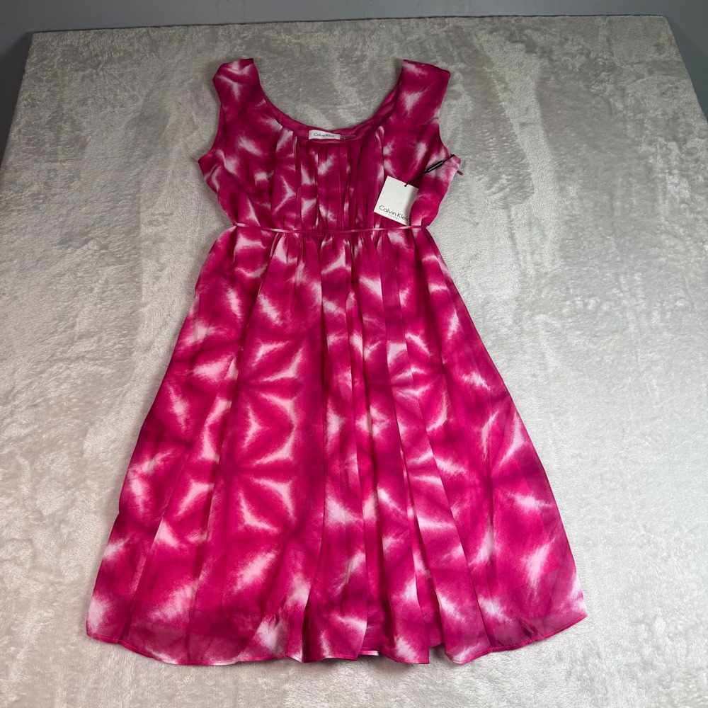 NWT Calvin Klein Women 10 Pink Tie Dye Sleeveless Pleated Fit & Flare Dress